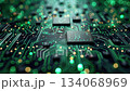 This detailed view highlights a circuit board filled with intricate pathways and chips, featuring vibrant green lights that illustrate modern technology's complexity. This detailed view highlights a circuit board filled with intricate pathways and chips, featuring vibrant green lights that illustrate modern technology's complexity. 134068969