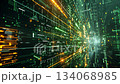 A vivid representation of digital data streams flowing through a high-tech network. Bright green and orange lights create a sense of speed and movement in this futuristic setting. A vivid representation of digital data streams flowing through a high-tech network. Bright green and orange lights create a sense of speed and movement in this futuristic setting. 134068985