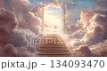 Stairway to heaven through white clouds in blue sky background. 134093470
