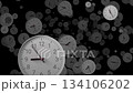 Multiple clocks with fast-spinning hands fly chaotically toward the camera in a time-lapse. Concept of the rapid, uncontrollable passage of time and urgency, deadlines, and time pressure 134106202