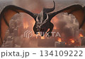 Majestic Dragon Soars Over Burning Cityscape in Epic Fantasy Scene 134109222