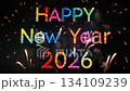 Vibrant Fireworks Celebration for New Year 2026 with Colorful Text 134109239