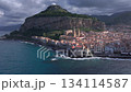 Cefalu, Sicily, aerial drone video. Cefalu beach, cathedral and archeological park, Beautiful Coastal City in Italy. 134114587