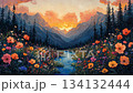 A beautiful flower field in the mountains, with colorful wildflowers and trees on both sides of it_4 134132444