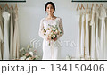 Bridal fitting in a dress shop showcasing different wedding dresses with a model posing in a bright room 134150406
