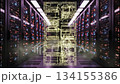 A data server rack in a data center. The structure houses multiple servers with a focus on information density and silent operation in a modern setup. 134155386