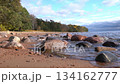 Rocky beach with autumn trees and city skyline visible in distance across water. 134162777
