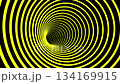 Looping optical illusion animation with yellow concentric circles swirling into a tunnel, creating a hypnotic, dynamic visual effect with smooth continuous motion and strong contrast 134169915