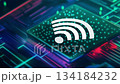 A tech rendition of a blinking Wi-Fi icon on a futuristic chip 134184232