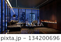 Ultra-luxurious, dark, and modern living room with city view 3d animation render. 134200696