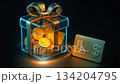 Gift box filled with coins and a card displayed in bright colors with a glowing effect 134204795