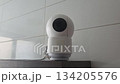 Security camera - start recording and the blue indicator lights up. Smart home camera panning and monitoring in modern interior setting 134205576
