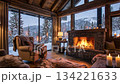 Fireplace Warms Winter Cabin 134221633