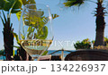 Relaxing seaside wine moment with a glass of white wine under sunny palm trees by the ocean 134226937