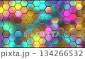Colorful hexagonal patterns form a visually engaging display in vibrant tones and shapes across multiple frames at a digital art event 134266532