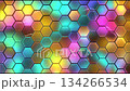 Colorful hexagonal patterns change with shifting light effects in vibrant art display 134266534