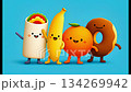 Fun fruit and snack characters gather to share smiles and joy in a colorful setting 134269942