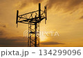 Aerial view during a scenic sunset of a telecommunication tower. Designed for transmitting cellular 134299096