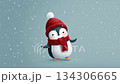 Cute penguin wearing winter hat and scarf in falling snow 134306665