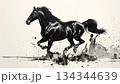 A black horse drawn in ink gallops furiously 134344639
