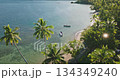 Two boats resting on the shallow turquoise water close to a pristine sandy beach lined with lush green palm trees and dense jungle on a sunny day in Fiji. Two boats resting on the shallow turquoise water close to a pristine sandy beach lined with lush green palm trees and dense jungle on a sunny day in Fiji. 134349240