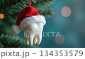 Close up of a tooth shaped ornament wearing a Santa hat. Festive decoration hanging on a christmas tree with blurred bokeh lights 134353579