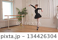 Young ballerina in tutu skirt dancing practicing ballet positions in dance class. Young classical dancer woman in dance studio. Ballet class training. Performer girl rehearsing dance in ballet school 134426304