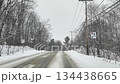 Snowy road scene transitions through winter storm, showcasing trees and traffic signs, camera pans forward 134438665