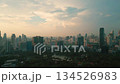 aerial drone view of modern high-rise skyscrapers of Bangkok city and Lumpini green park, financial downtown district top view during sunny sunset, futuristic capital of Thailand 4k 134526983