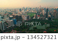 aerial drone view of modern high-rise skyscrapers of Bangkok city and Lumpini green park, financial downtown district top view during sunny sunset, futuristic capital of Thailand 4k 134527321