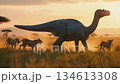 Dinosaurs walking with lions in the African savanna at sunset 134613308