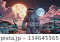 Astronaut Walking on an Alien Planet with Glowing Blue Flora 134645565