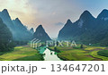 Hyperlapse aerial drone view of rice terrace paddle field around the river at Phong Nam, Trung Khanh, Cao Bang, Vietnam 134647201