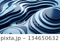 Abstract blue layered waves and circular shapes creating modern three dimensional geometric pattern with smooth flowing curves 134650632