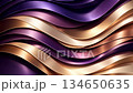 Dynamic movement of layered, curved ribbons with vibrant violet and gold sheen, emphasizing fluid visual luxury 134650635