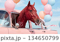 Red horse looking out of pink vintage car window surrounded by colorful pastel balloons floating in sky 134650799