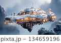 未来技術探査船が雲海の山々に浮かぶ 134659196
