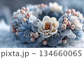Winter Christmas wreath covered in frost and snow. Beautiful close-up 134660065
