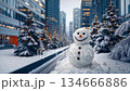 snowman stands on a snow-covered sidewalk with a business center in the background, the camera slowly zooms out, it is snowing heavily on Christmas Eve, greeting card 134666886