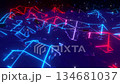 Beautiful modern motion graphic bg. Vj loop abstract sci fi landscape. looped animation neon glow wareframes on surface in dark. Abstract sci fi cyber background with neon glow gradient color. 134681037