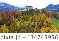 色鮮やかな秋の森に囲まれたグリュイエール城の空撮。グリュイエール, フリブール州, スイス 色鮮やかな秋の森に囲まれたグリュイエール城の空撮。グリュイエール, フリブール州, スイス 134745956