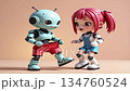 Cheerful girl and a funny robot showing a trick. Demonstration of the disappearance of shorts by a robot and the girl's genuine joy. 134760524