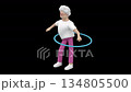 Animation of a senior woman character practicing with a hula hoop. Female with grey hair working out with a hula hoop, 3d render with an alpha channel. 134805500