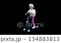 Animation of an elderly female character riding a gym bicycle. Woman with grey hair doing cardio on a bicycle, 3d render with alpha channel. 134883813