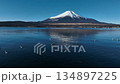 Aerial view of Lake Yamanaka and Mt. Fuji, colorfully colored by wild birds 134897225