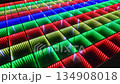 A shimmering multicolored interactive LED dance floor where each square panel glows and flickers brightly 134908018
