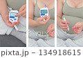 An expectant mother at eight months calmly checks her blood glucose level using a glucometer. The scene captures a mindful moment of self-care and the importance of monitoring gestational diabetes 134918615