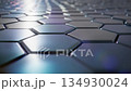 A close up view of a futuristic dark hexagonal grid pattern with reflections 134930024