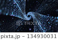 Abstract glowing spiral of particles and soft bokeh lights against black background 134930031