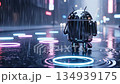 Shiny Android robot standing alone on rainy city street with neon lights 134939175